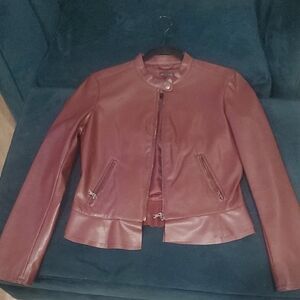 Ann Taylor Brown Faux Leather Jacket Cropped Fitted Style